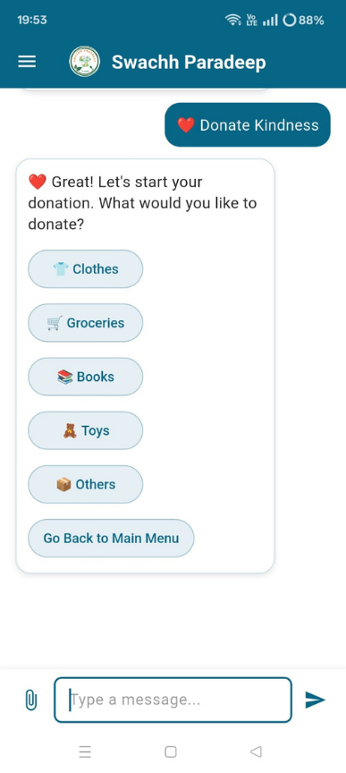 Donate kindness choices in the Swachh Paradeep app